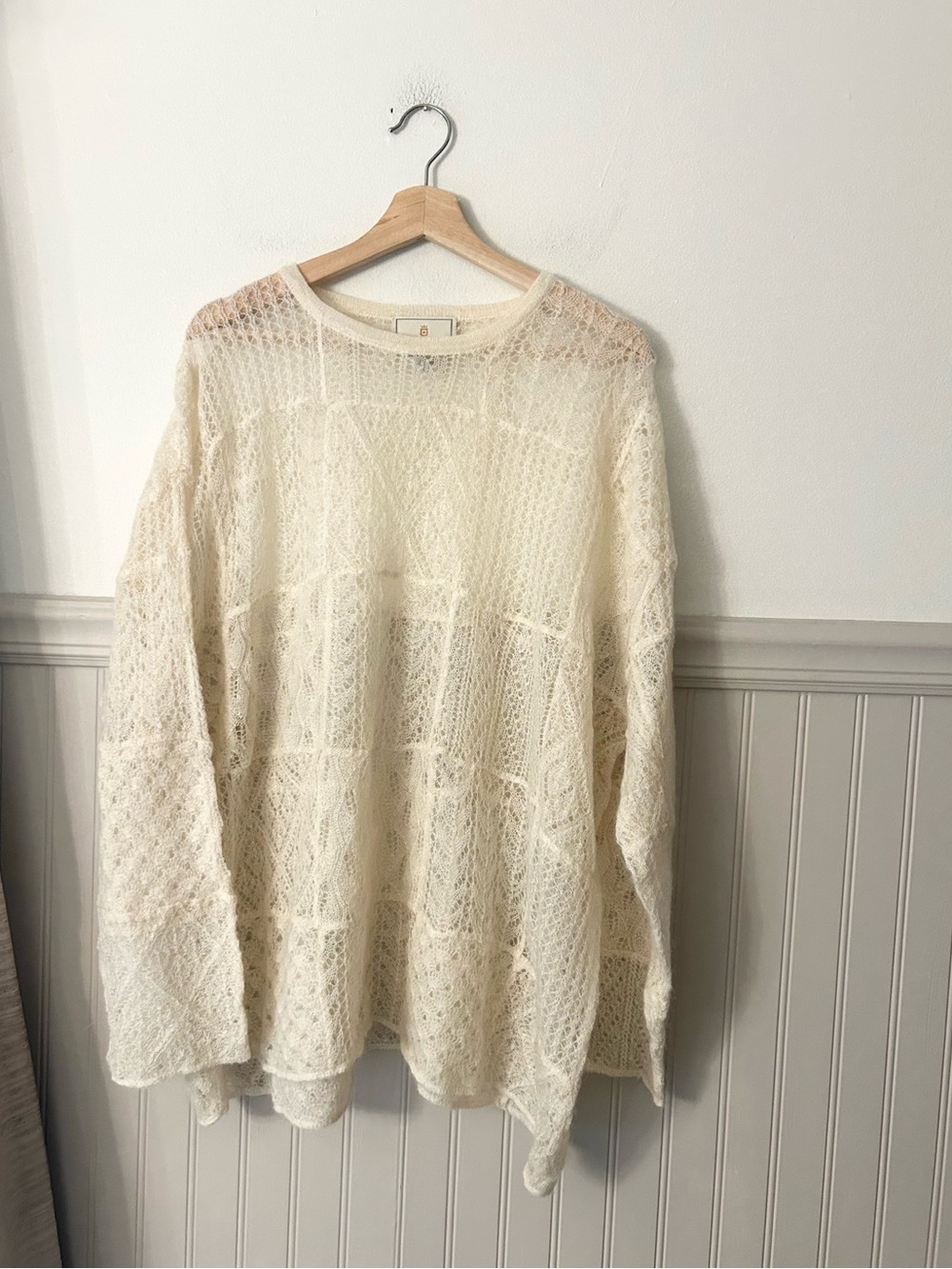 Vintage 90s Express Tricot Large Cream Open Knit Patchwork Sweater